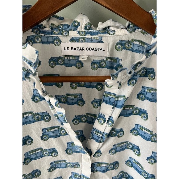 Le Bazar Coastal Mini Dress Blue Car Print Long Sleeve Ruffle Hem Size L - Picture 4 of 5